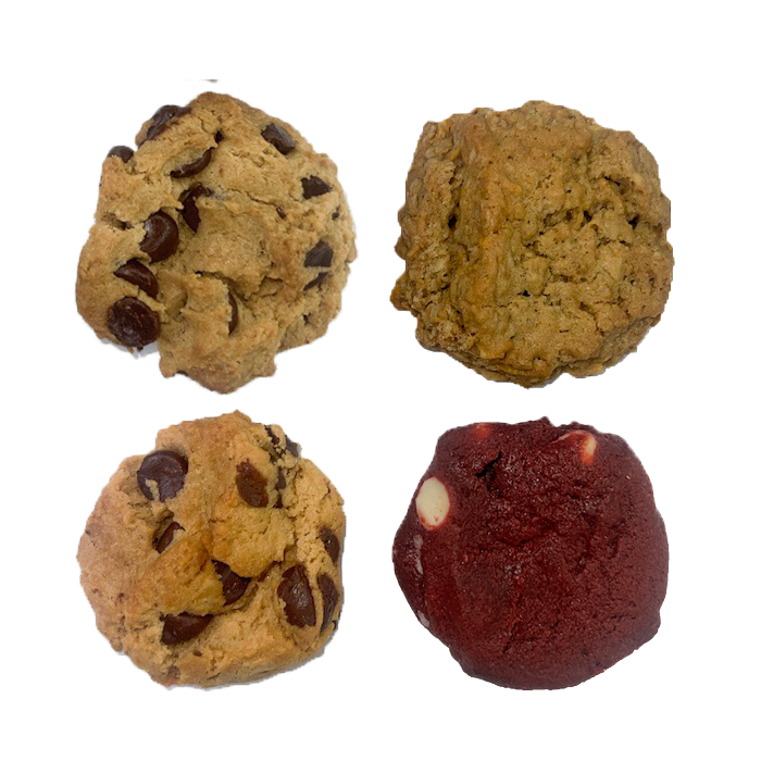 Assorted mini cookies pack with 2 chocolate chip, 1 red velvet, and 1 salted oatmeal cornflake cookie, perfect for sharing or gifting