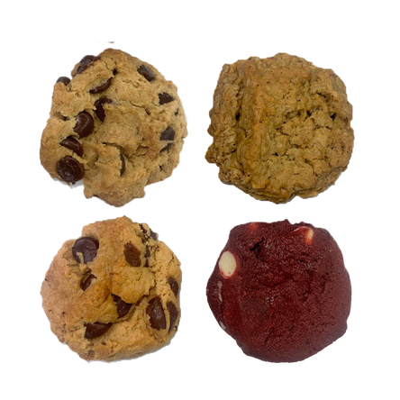 Assorted mini cookies pack with 2 chocolate chip, 1 red velvet, and 1 salted oatmeal cornflake cookie, perfect for sharing or gifting