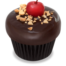 Load image into Gallery viewer, side view of a banana split cupcake that has been dipped in ganache and finished with crushed peanuts and a maraschino cherry not-bg

