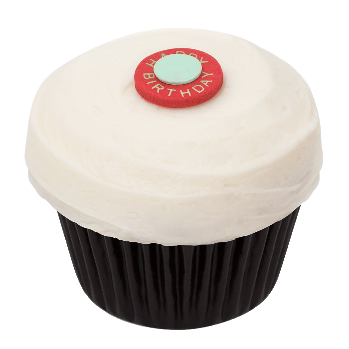 Classic Red Velvet cupcake with smooth cream cheese frosting, birthday-themed dot decoration, and a natural beeswax candle for celebrating.