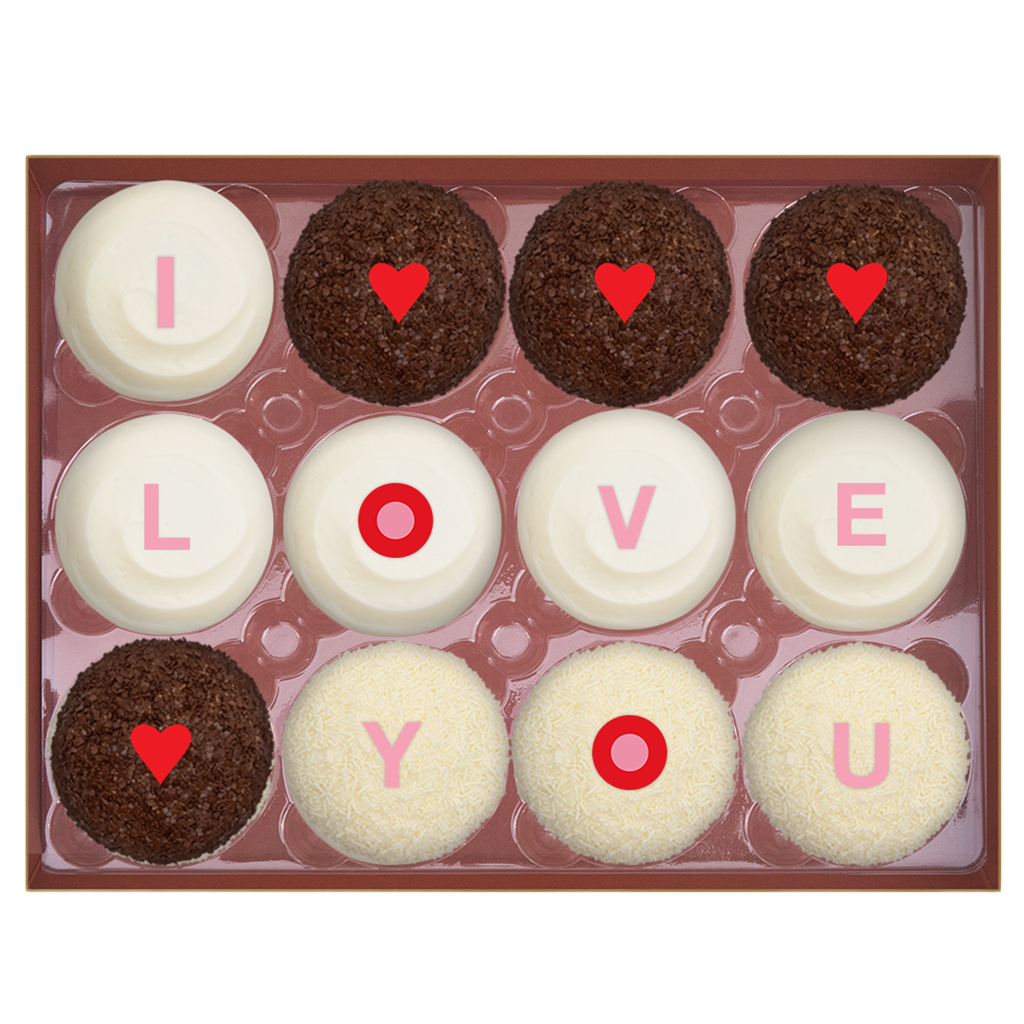 I LOVE YOU Dozen Standard Box includes 4 Red Velvet, 4 Dark Chocolate, and 4 Vanilla.