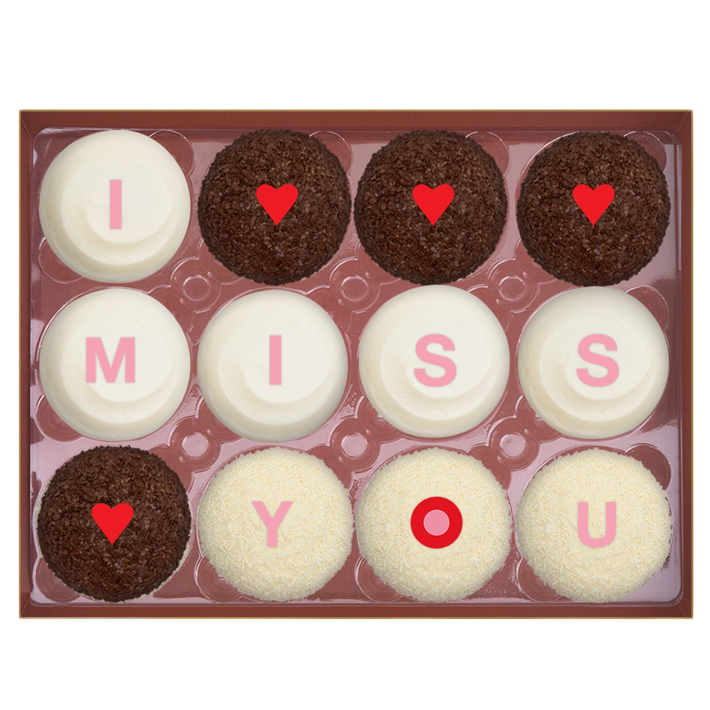 I MISS YOU Dozen Standard Box includes 4 Red Velvet, 4 Dark Chocolate, and 4 Vanilla.