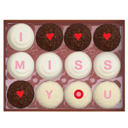 I MISS YOU Dozen Standard Box includes 4 Red Velvet, 4 Dark Chocolate, and 4 Vanilla.