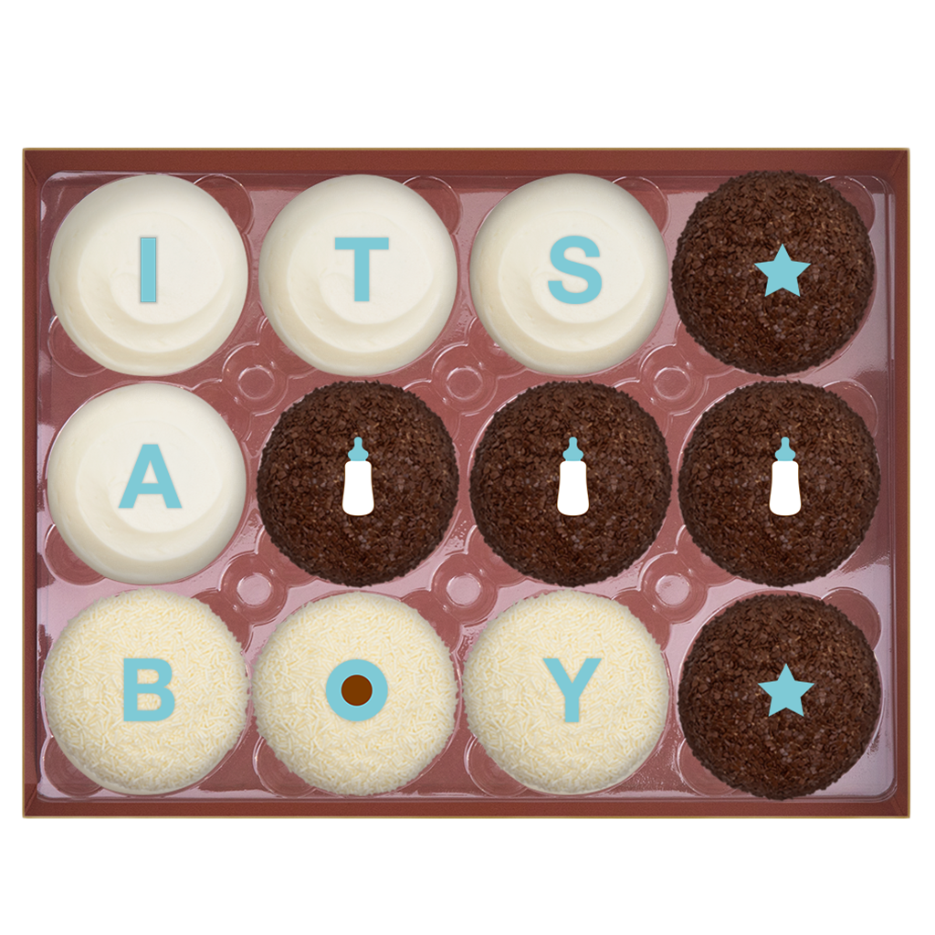 IT'S A BOY Standard Dozen comes with 4 Red Velvet, 5 Dark Chocolate, and 3 Vanilla