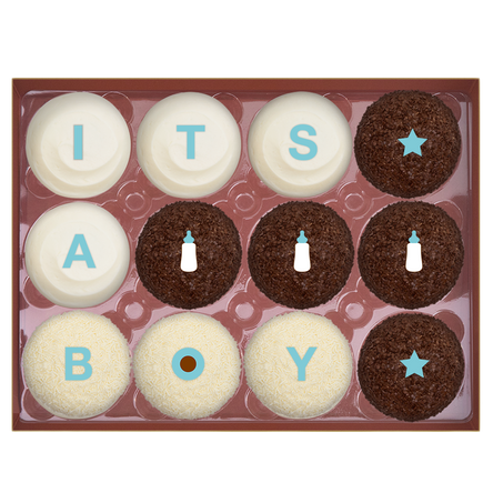 IT'S A BOY Standard Dozen comes with 4 Red Velvet, 5 Dark Chocolate, and 3 Vanilla