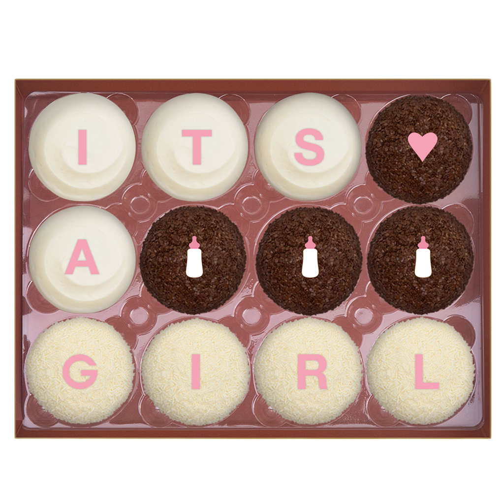 IT'S A GIRL Standard Dozen comes with 4 Red Velvet, 4 Dark Chocolate, and 4 Vanilla.