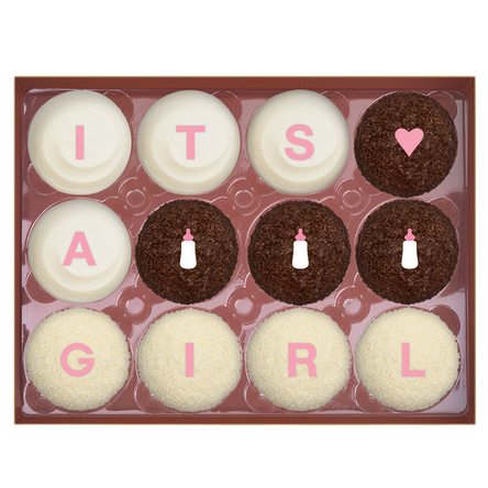 IT'S A GIRL Standard Dozen comes with 4 Red Velvet, 4 Dark Chocolate, and 4 Vanilla.