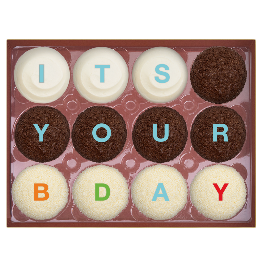 IT'S YOUR BDAY Standard Dozen comes with 3 Red Velvet, 5 Dark Chocolate, and 4 Vanilla.