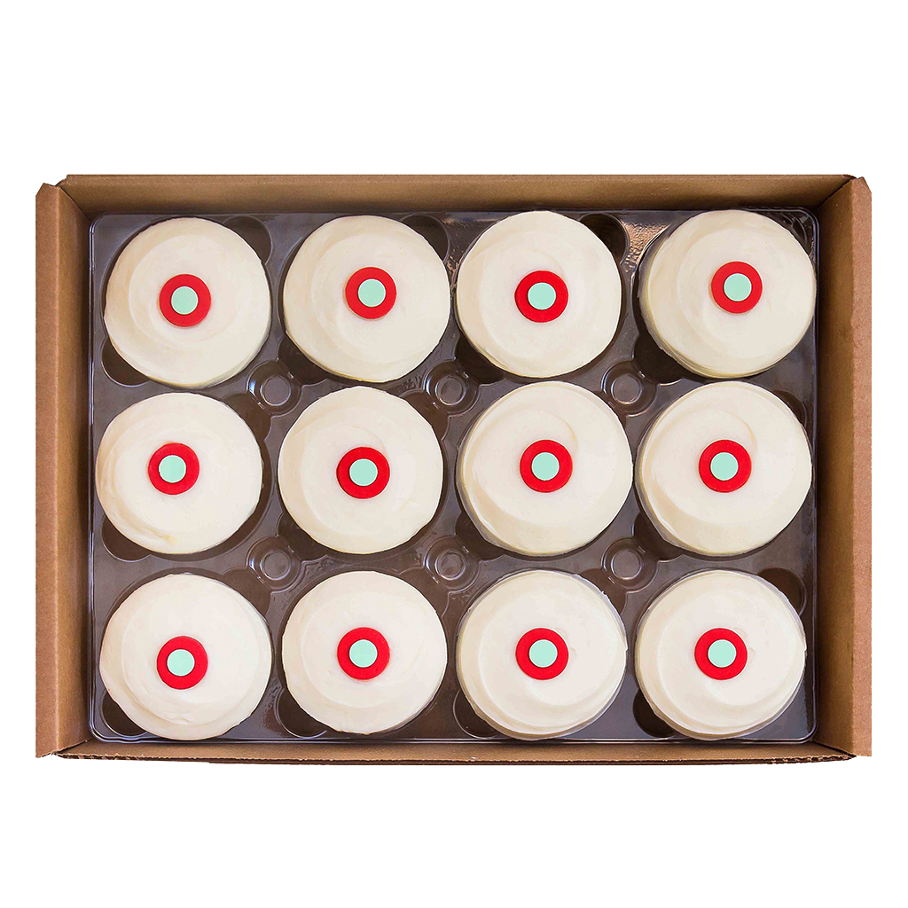 Red Velvet Dozen National Shipping Box includes a dozen red velvet cupcakes.