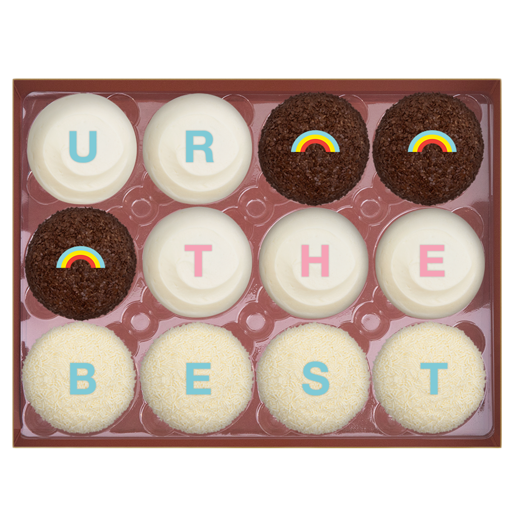 UR THE BEST Dozen Standard Box includes 5 Red Velvet, 3 Dark Chocolate, and 4 Vanilla.