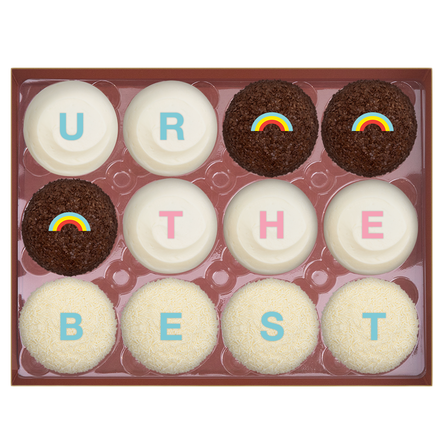 UR THE BEST Dozen Standard Box includes 5 Red Velvet, 3 Dark Chocolate, and 4 Vanilla.