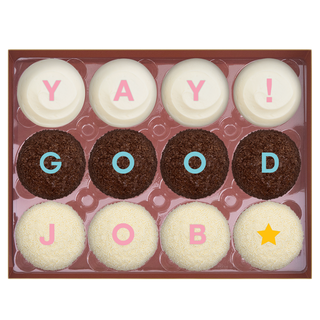 YAY! GOOD JOB Dozen Standard Box includes 4 Red Velvet, 4 Dark Chocolate, and 4 Vanilla.