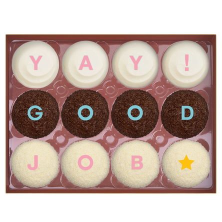 YAY! GOOD JOB Dozen Standard Box includes 4 Red Velvet, 4 Dark Chocolate, and 4 Vanilla.